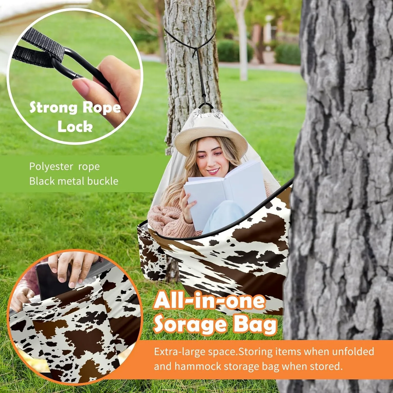 Outdoor Hammock for Camping Western Brown Cow Print Double Single Hammocks with 2 Tree Straps, Lightweight Portable Heavy Duty Nylon Hammocks for Backpacking Travel Beach Backyard Patio Hiking