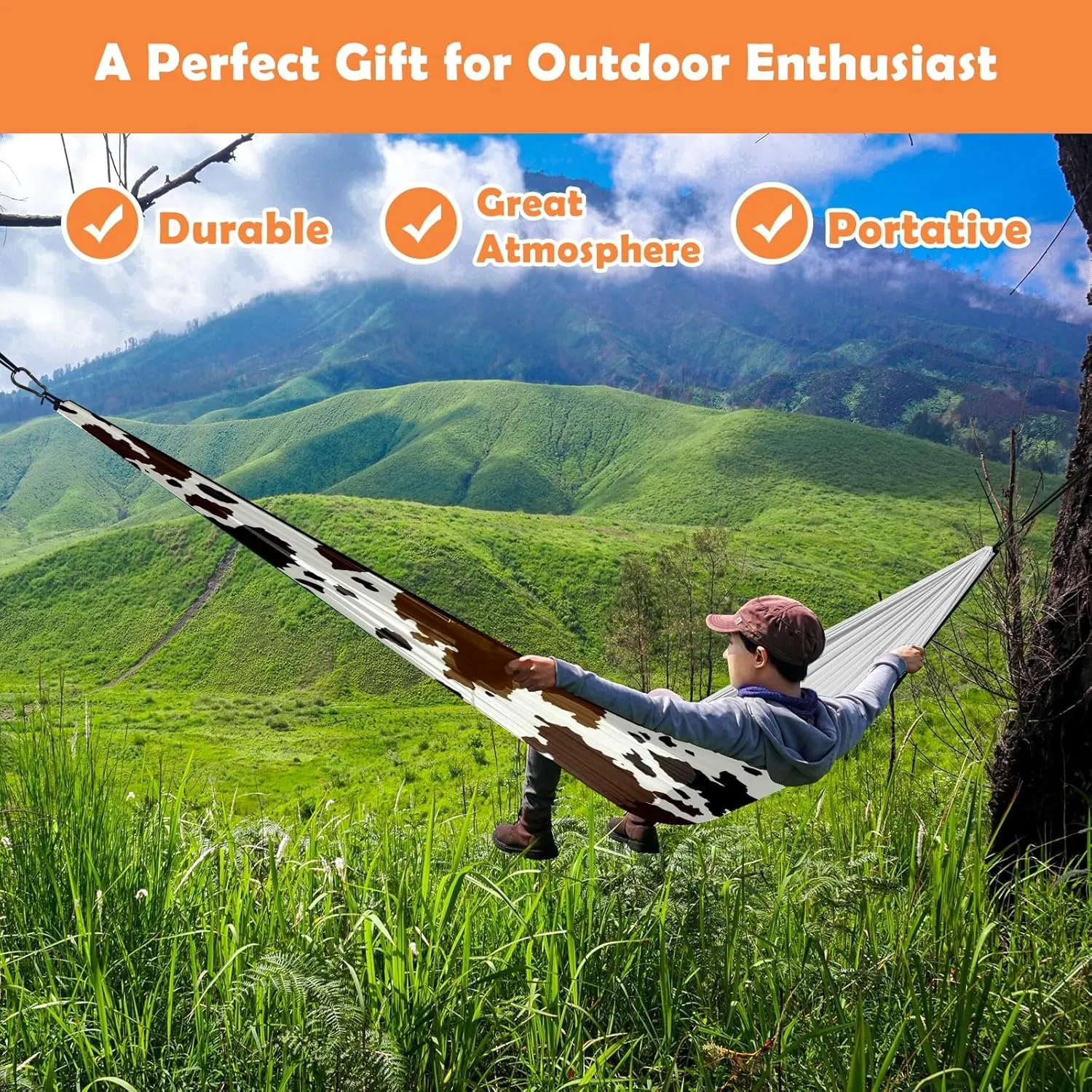 Outdoor Hammock for Camping Western Brown Cow Print Double Single Hammocks with 2 Tree Straps, Lightweight Portable Heavy Duty Nylon Hammocks for Backpacking Travel Beach Backyard Patio Hiking