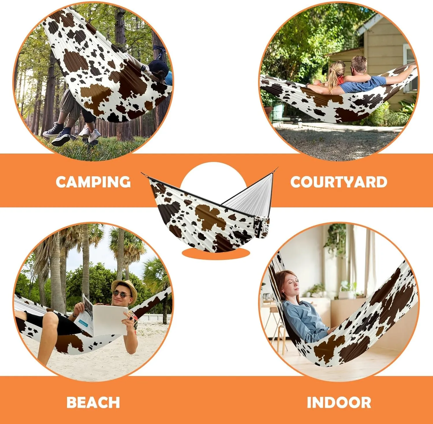 Outdoor Hammock for Camping Western Brown Cow Print Double Single Hammocks with 2 Tree Straps, Lightweight Portable Heavy Duty Nylon Hammocks for Backpacking Travel Beach Backyard Patio Hiking