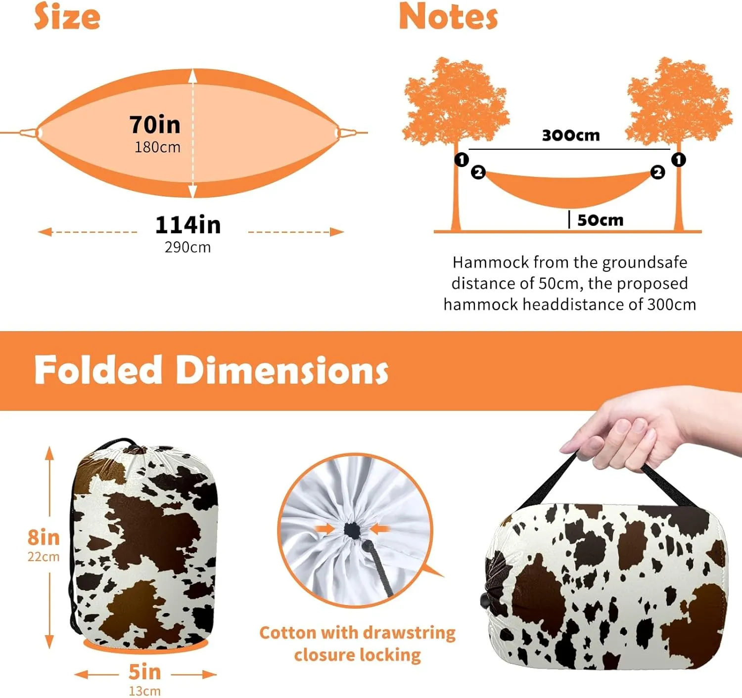 Outdoor Hammock for Camping Western Brown Cow Print Double Single Hammocks with 2 Tree Straps, Lightweight Portable Heavy Duty Nylon Hammocks for Backpacking Travel Beach Backyard Patio Hiking