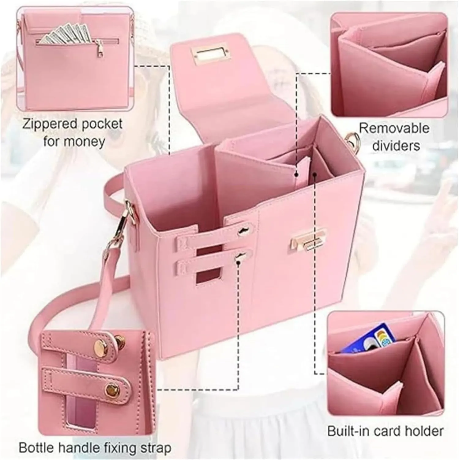 Outdoor Portable Crossbody Water Cup Storage Bag, Pink, 2L, Soft PU, Adjustable Shoulder Strap, Universal Fit, Insulated Lining, Storage Pocket