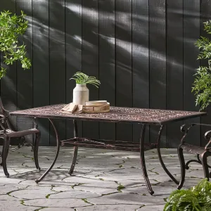 Outdoor Rectangular Cast Aluminum Dining Table with Floral-Cut Design, Accommodates 6 People, Shiny Copper