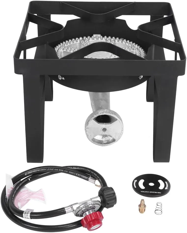 Outdoor Stove Propane Gas Cooker with Adjustable 0-20Psi Regulator,20W BTU Propane Gas Single Burner Cast Iron Gas Cooker with Stand