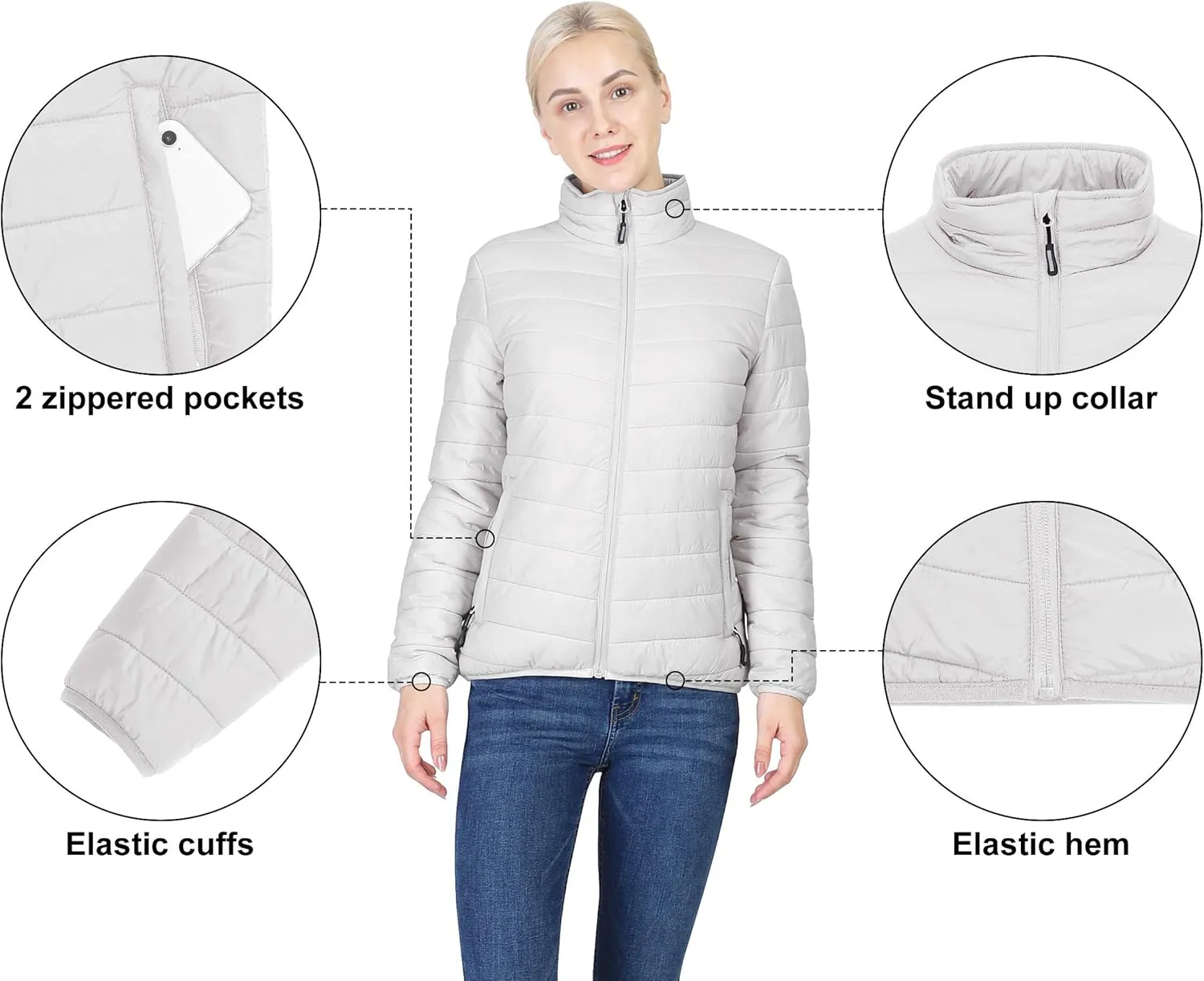 Outdoor Ventures Women's Packable Full-Zip Short Puffer Jacket Insulated Quilted Warm Lightweight Winter Coat