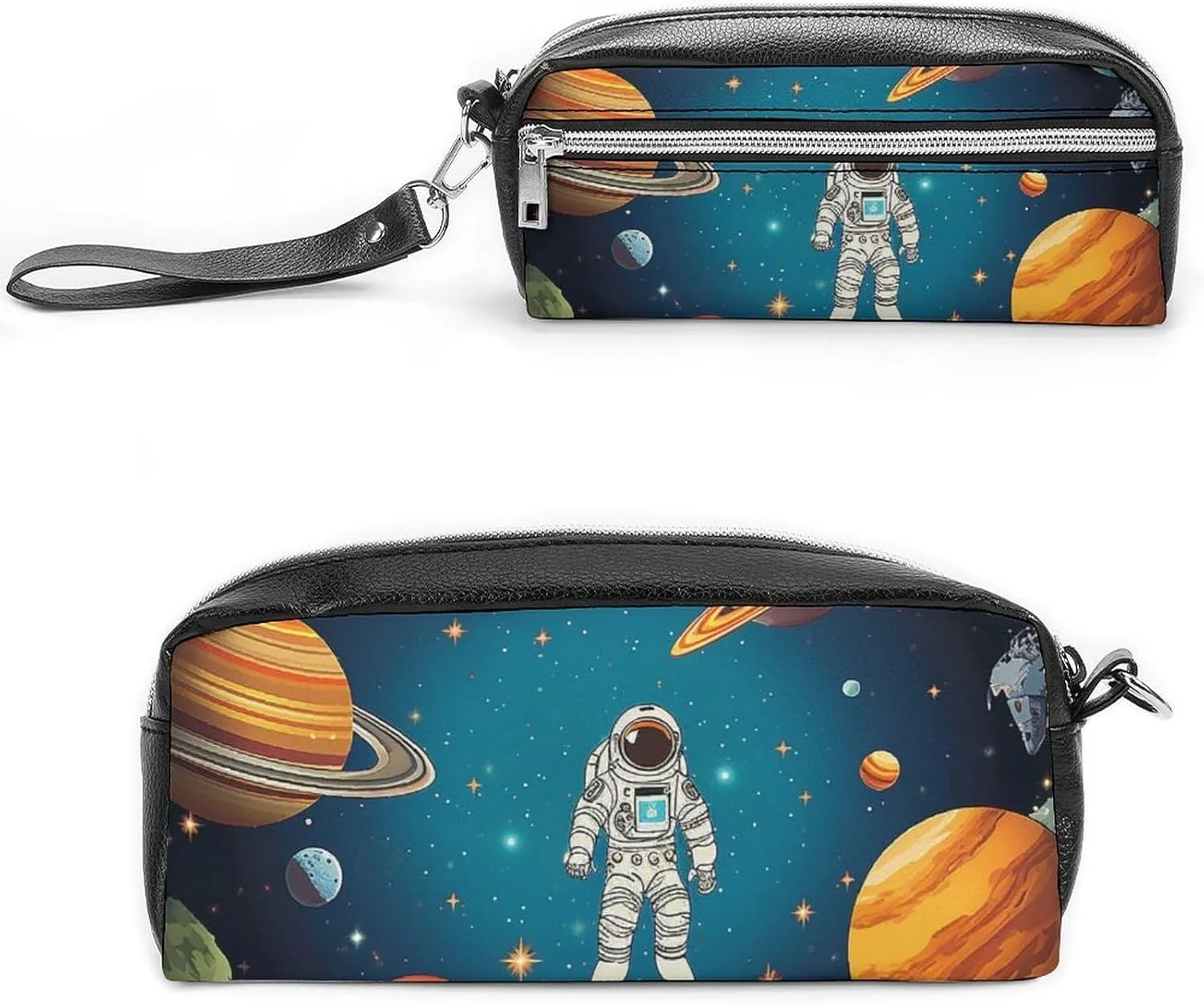 Outer Space Rocket Astronaut Pencil Case Large Capacity Leather Pencil Pouch with Zipper, Portable Small Makeup Bag, Office Supplies Organizer for Women Men