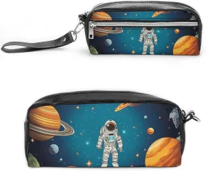 Outer Space Rocket Astronaut Pencil Case Large Capacity Leather Pencil Pouch with Zipper, Portable Small Makeup Bag, Office Supplies Organizer for Women Men