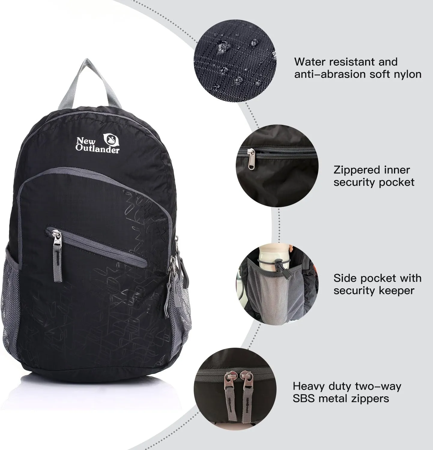 Outlander Packable Handy Lightweight Travel Hiking Backpack Daypack-Black-L