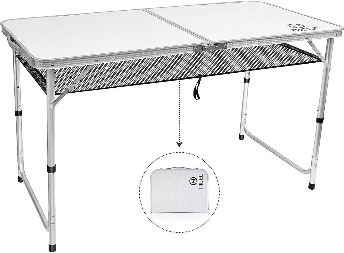 Overstock Folding Card Table Adjustable Height, Portable Camping Table Lightweight Aluminum, with Carry Handle for Outdoor, Beach White 23.7" D x 47.3" W x 27.6" H