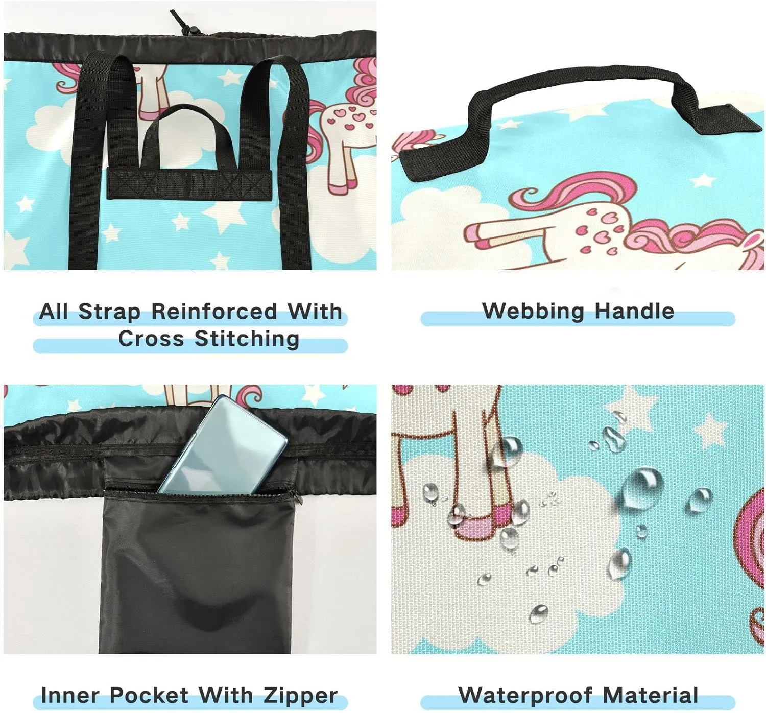 Oyihfvs Unicorn Clouds Star Rainbows Seamless On Turquoise Backpack Laundry Bag, Laundry Backpack with Shoulder Straps, Waterproof Nylon Clothes Hamper Bag for Men Women Yoga Backpack