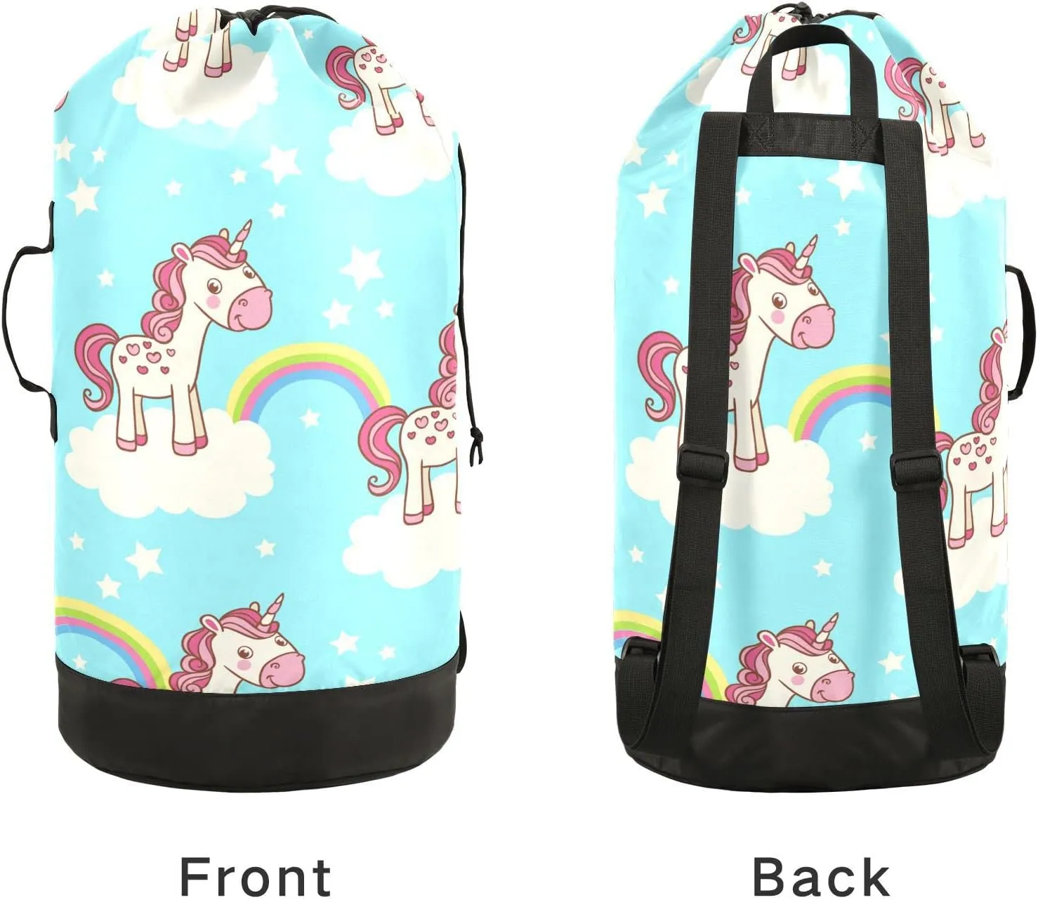 Oyihfvs Unicorn Clouds Star Rainbows Seamless On Turquoise Backpack Laundry Bag, Laundry Backpack with Shoulder Straps, Waterproof Nylon Clothes Hamper Bag for Men Women Yoga Backpack