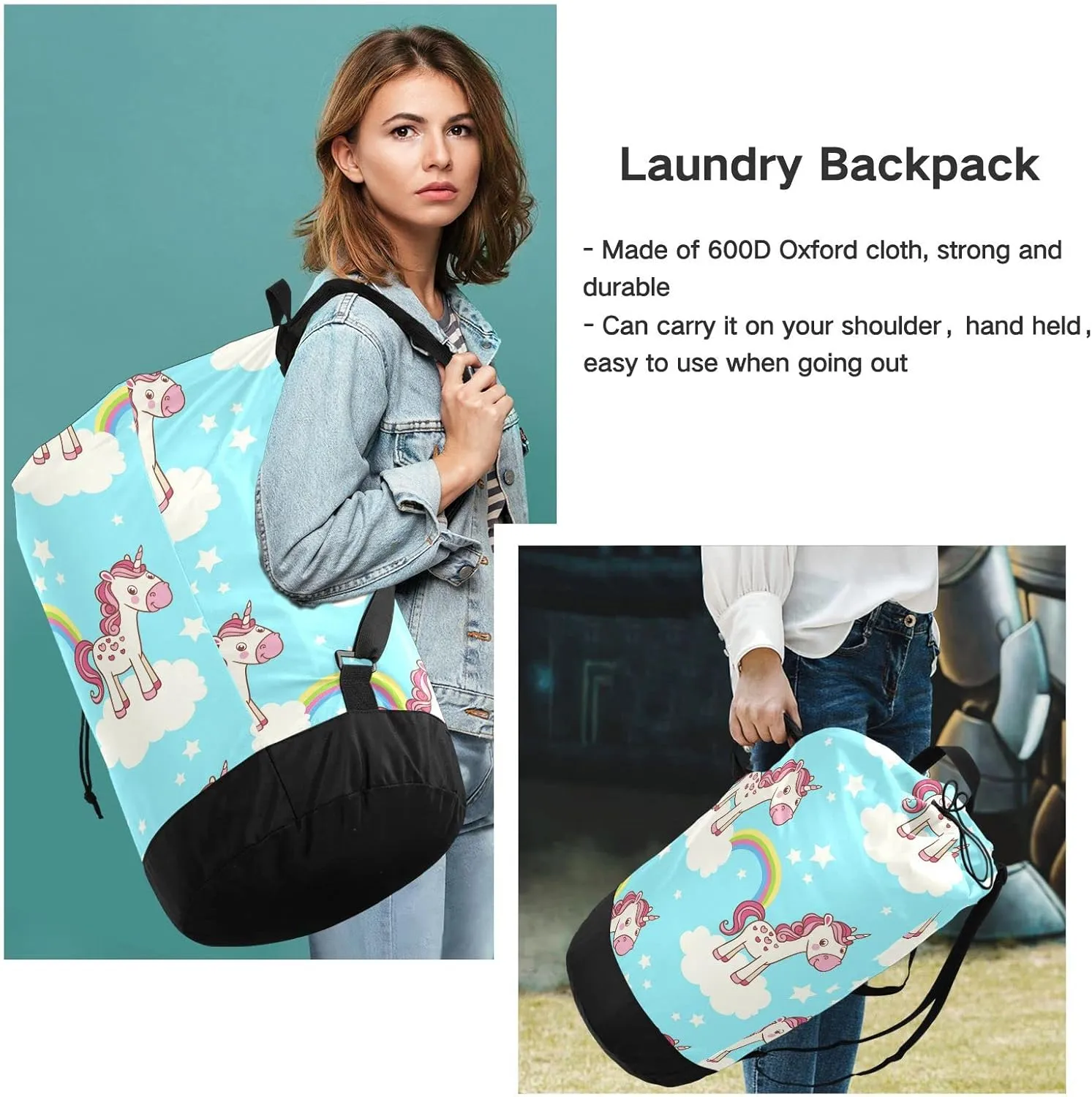 Oyihfvs Unicorn Clouds Star Rainbows Seamless On Turquoise Backpack Laundry Bag, Laundry Backpack with Shoulder Straps, Waterproof Nylon Clothes Hamper Bag for Men Women Yoga Backpack