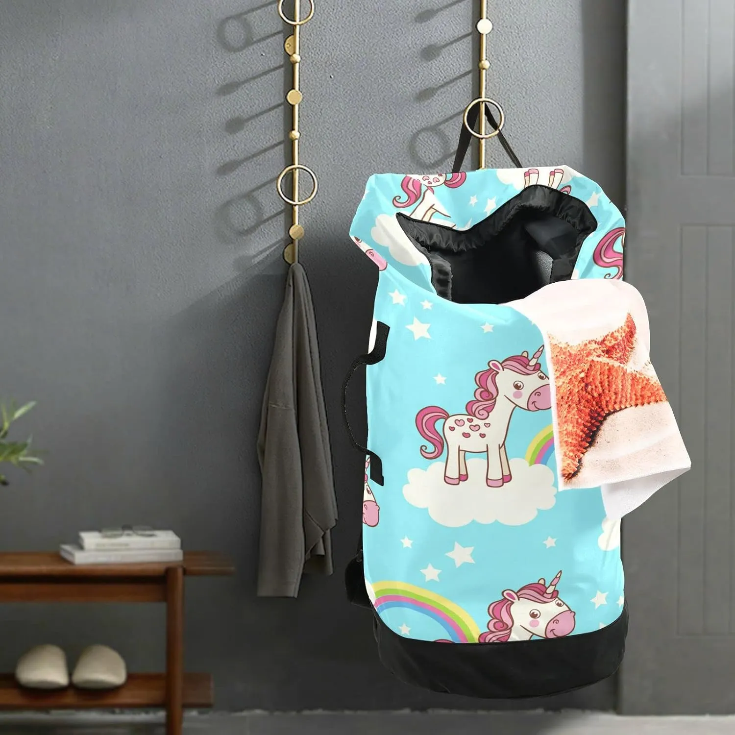 Oyihfvs Unicorn Clouds Star Rainbows Seamless On Turquoise Backpack Laundry Bag, Laundry Backpack with Shoulder Straps, Waterproof Nylon Clothes Hamper Bag for Men Women Yoga Backpack