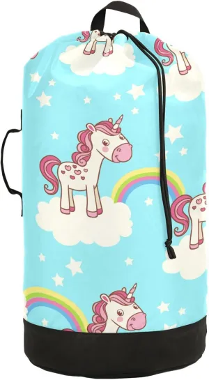 Oyihfvs Unicorn Clouds Star Rainbows Seamless On Turquoise Backpack Laundry Bag, Laundry Backpack with Shoulder Straps, Waterproof Nylon Clothes Hamper Bag for Men Women Yoga Backpack