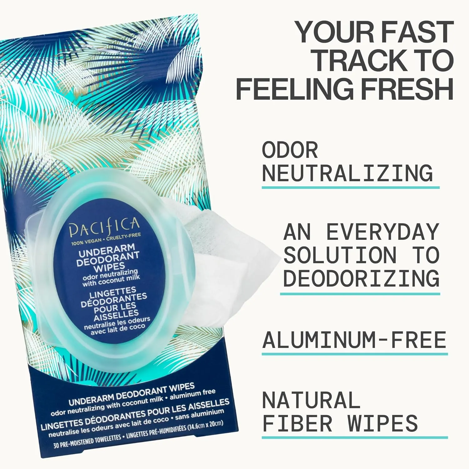 Pacifica Beauty Coconut Milk & Essential Oils Underarm Deodorant Wipes, Helps Remove Odor, Aluminum-Free, Vegan & Cruelty-Free, 30 Wipes (2-Pack)