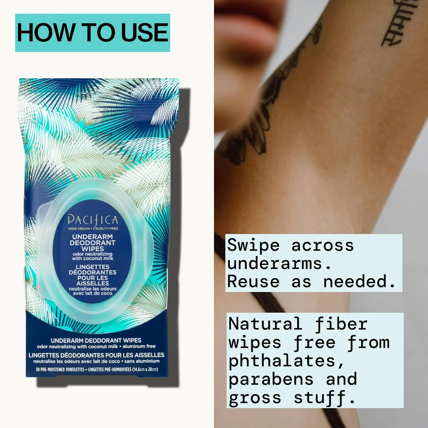 Pacifica Beauty Coconut Milk & Essential Oils Underarm Deodorant Wipes, Helps Remove Odor, Aluminum-Free, Vegan & Cruelty-Free, 30 Wipes (2-Pack)