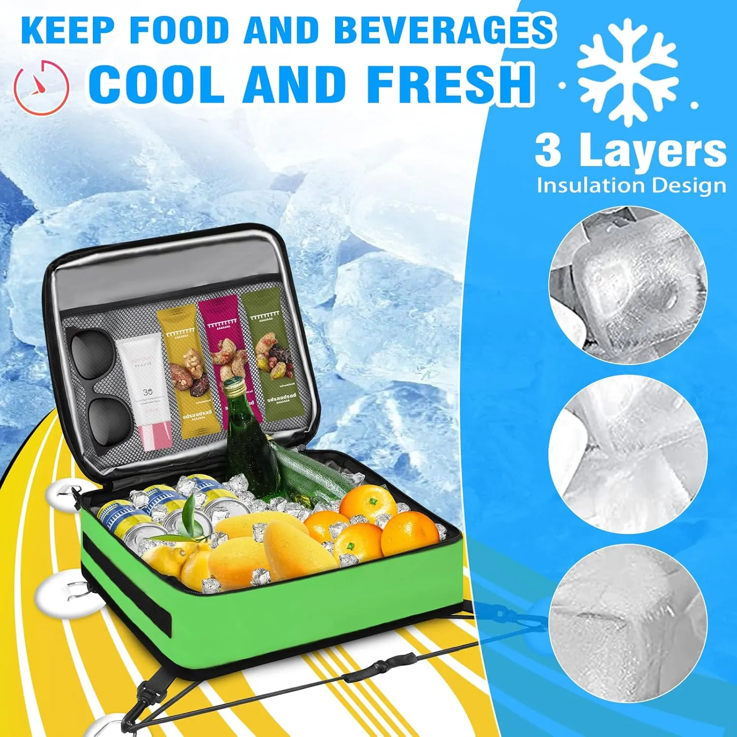 Paddle Board Cooler Bag, Insulated Deck Bag with Mesh Zipper Pocket & 4 Securing Clip Straps, Waterproof 10 Can Cooler for Paddle Board, SUP, Kayak