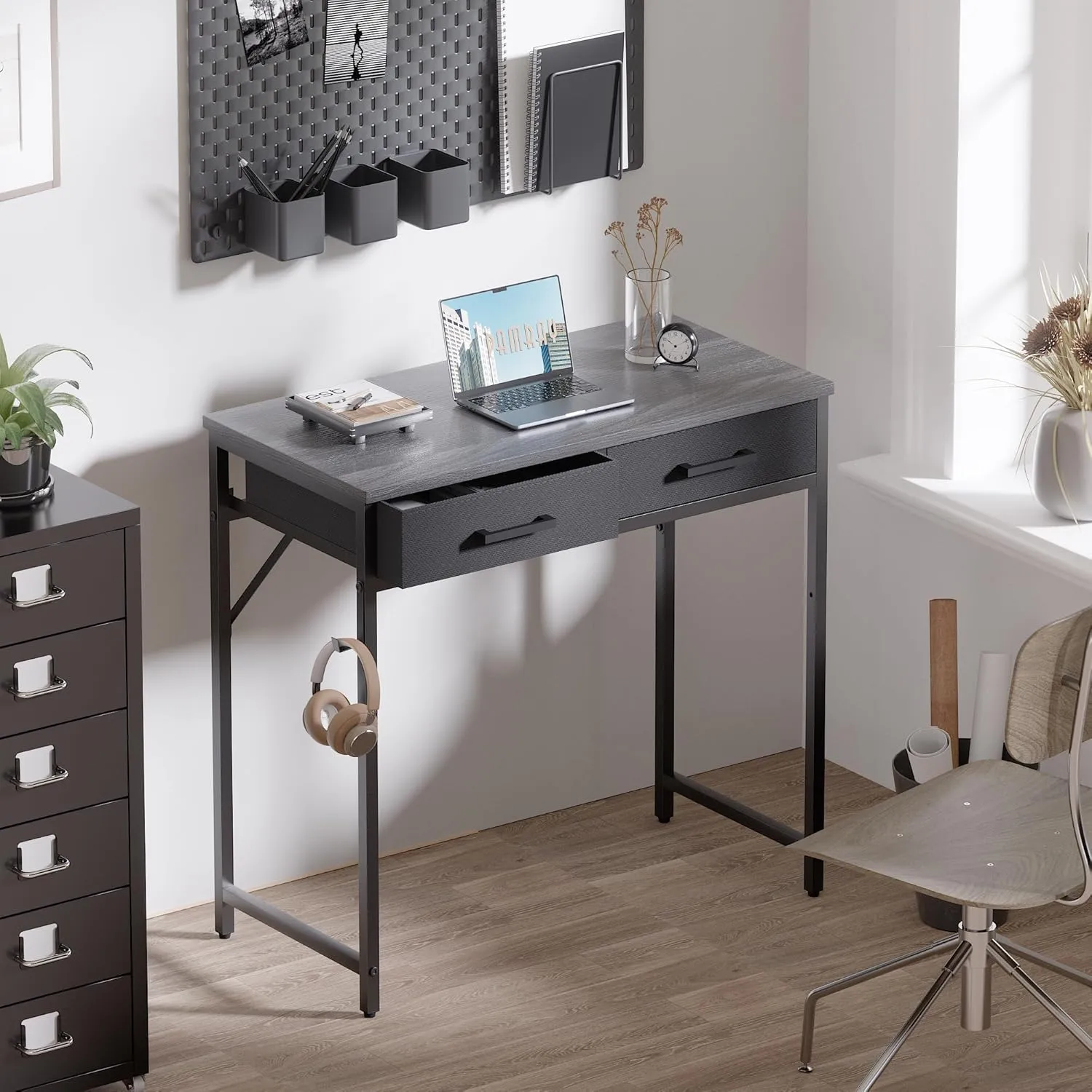 Pamray 32 Inch Small Computer Desk with 2 Drawers for Bedroom Study Writing Home Office Table for Small Spaces Grey