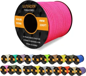 Paracord 650lb - 9 Strand Parachute Spool Cord - 40  Colors-100ft 200ft 500ft 1000ft 4mm,Paracord for Camping,Hiking,Fishing,Outdoor and DIY
