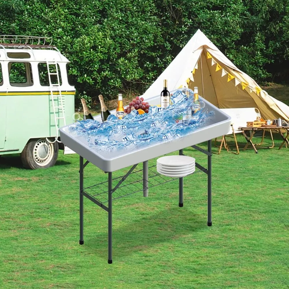 Party Ice Cooler Folding Table，5 feet Portable Camp Fishing Cleaning Table Ice Table for Party BBQ Camping Picnic Keeping Fish and Food Cold (White-A)