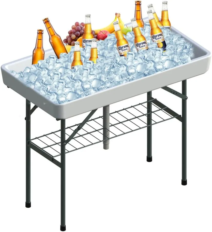 Party Ice Cooler Folding Table，5 feet Portable Camp Fishing Cleaning Table Ice Table for Party BBQ Camping Picnic Keeping Fish and Food Cold (White-A)