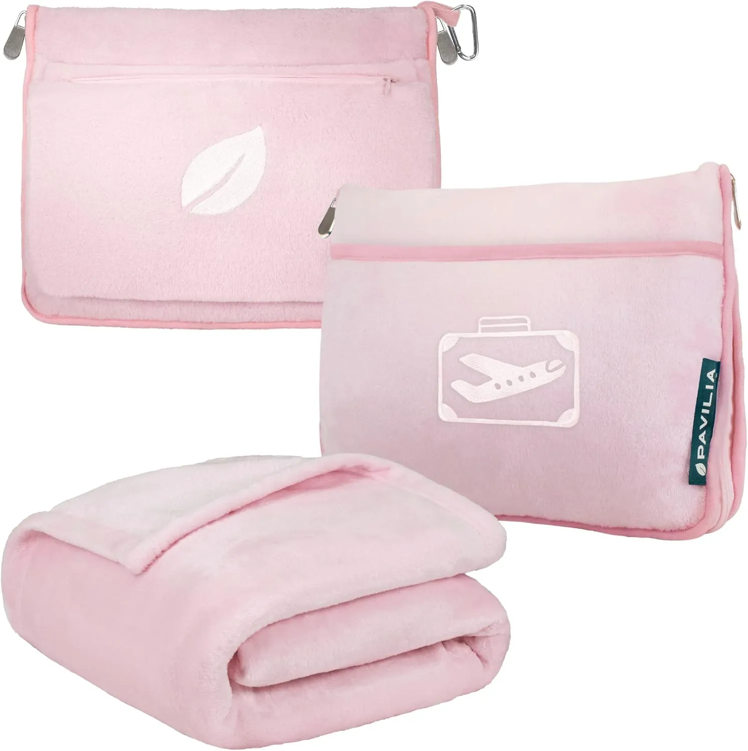 PAVILIA Travel Blanket Pillow in Soft Bag with Pockets, Airplane Blanket Set, Plane Blanket Compact Packable, Flight Essentials Car Pillow, Travelers Accessories Gifts, Luggage Strap, Light Pink