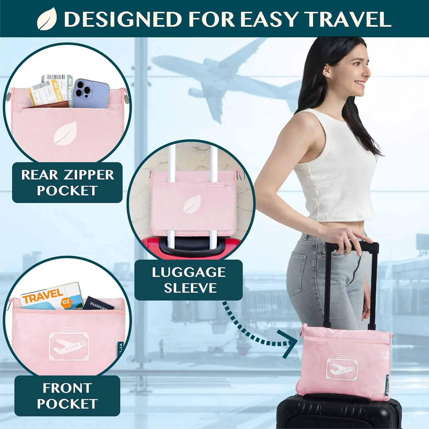 PAVILIA Travel Blanket Pillow in Soft Bag with Pockets, Airplane Blanket Set, Plane Blanket Compact Packable, Flight Essentials Car Pillow, Travelers Accessories Gifts, Luggage Strap, Light Pink