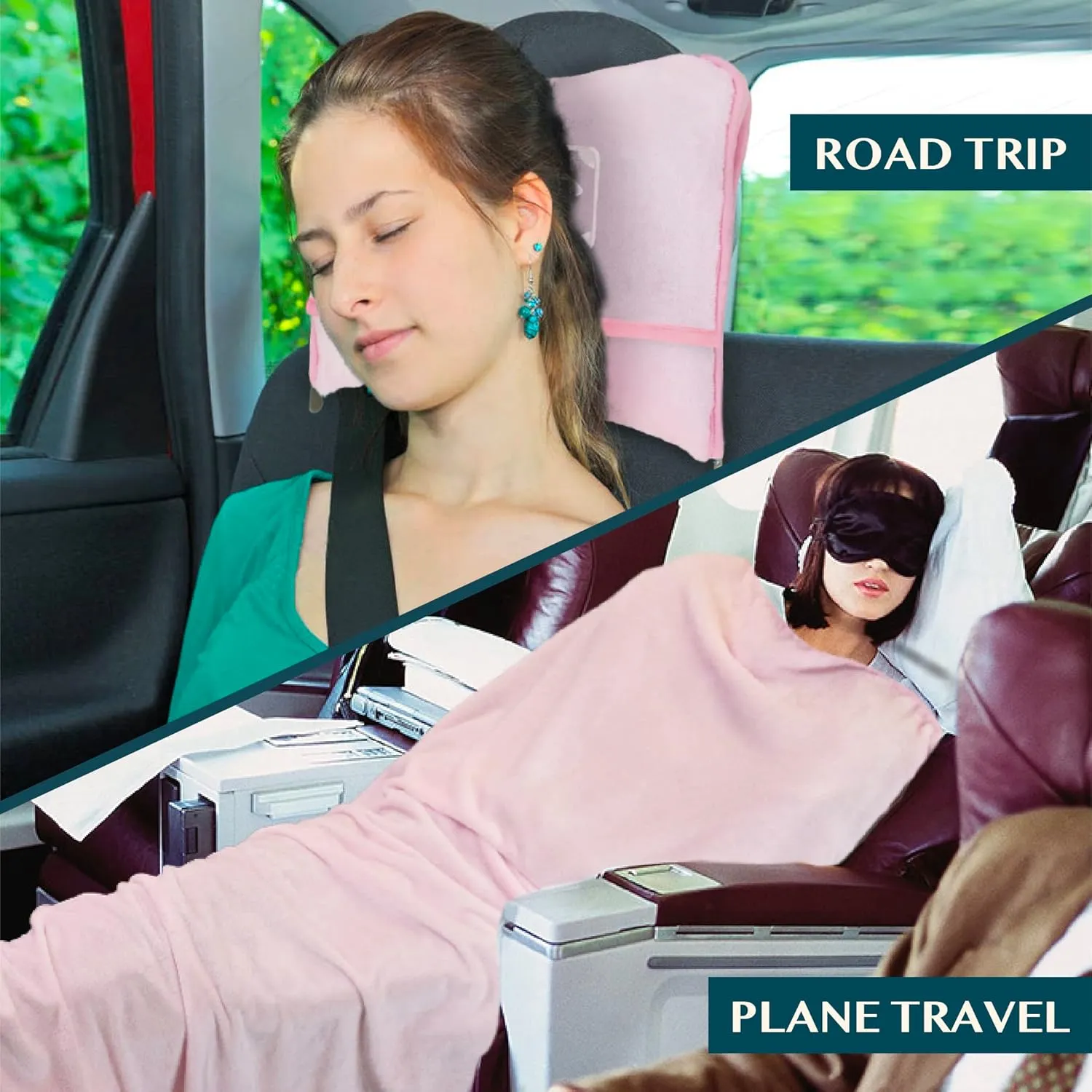 PAVILIA Travel Blanket Pillow in Soft Bag with Pockets, Airplane Blanket Set, Plane Blanket Compact Packable, Flight Essentials Car Pillow, Travelers Accessories Gifts, Luggage Strap, Light Pink