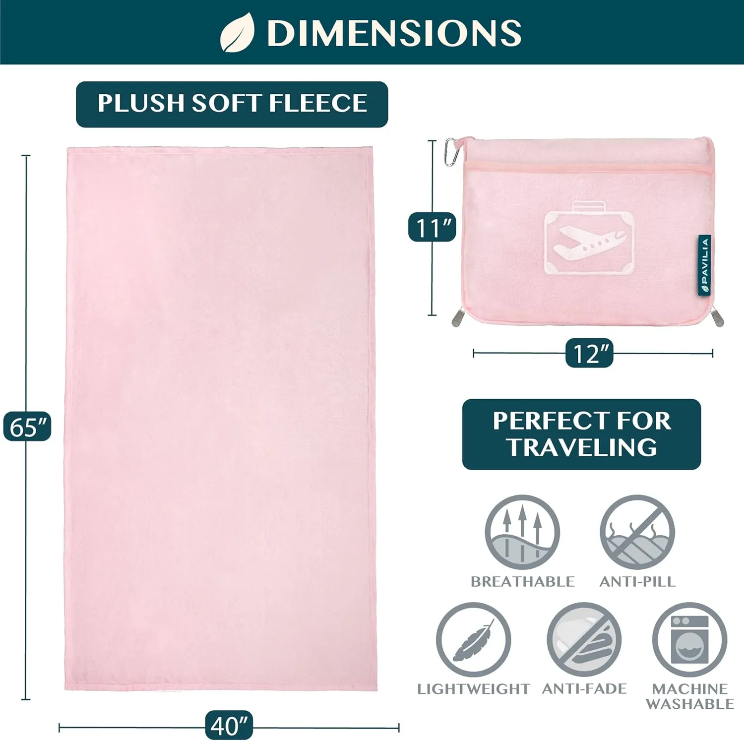 PAVILIA Travel Blanket Pillow in Soft Bag with Pockets, Airplane Blanket Set, Plane Blanket Compact Packable, Flight Essentials Car Pillow, Travelers Accessories Gifts, Luggage Strap, Light Pink