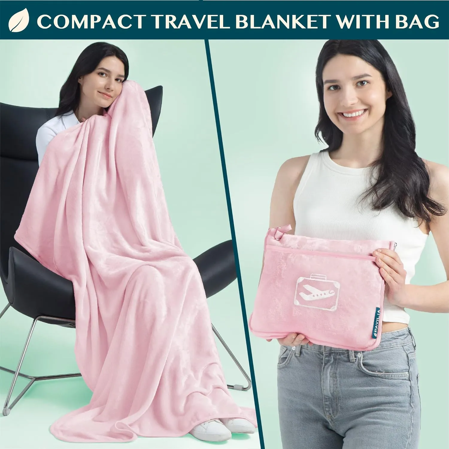 PAVILIA Travel Blanket Pillow in Soft Bag with Pockets, Airplane Blanket Set, Plane Blanket Compact Packable, Flight Essentials Car Pillow, Travelers Accessories Gifts, Luggage Strap, Light Pink