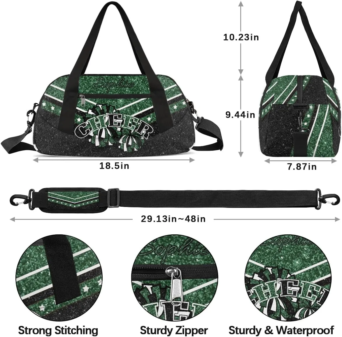 Personalized Cheer Bag for Girls, Custom Name Cheerleader Bag, SportS Gym Duffle for Women Dark Green