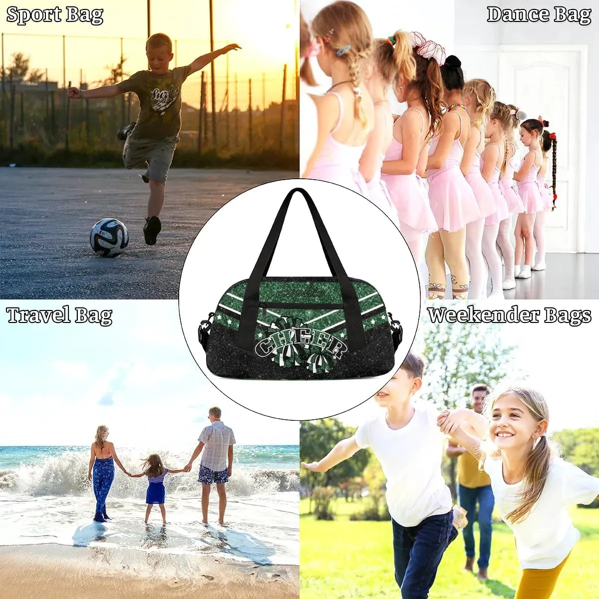 Personalized Cheer Bag for Girls, Custom Name Cheerleader Bag, SportS Gym Duffle for Women Dark Green