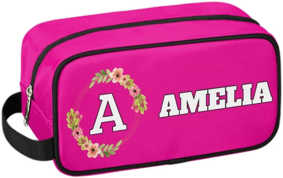 Personalized Floral Monogrammed Toiletry Bags for Women Custom Initial Letter Waterproof Cosmetic Makeup Bags Storage Bags with Handle for Bathroom Travel Work, Bright Pink