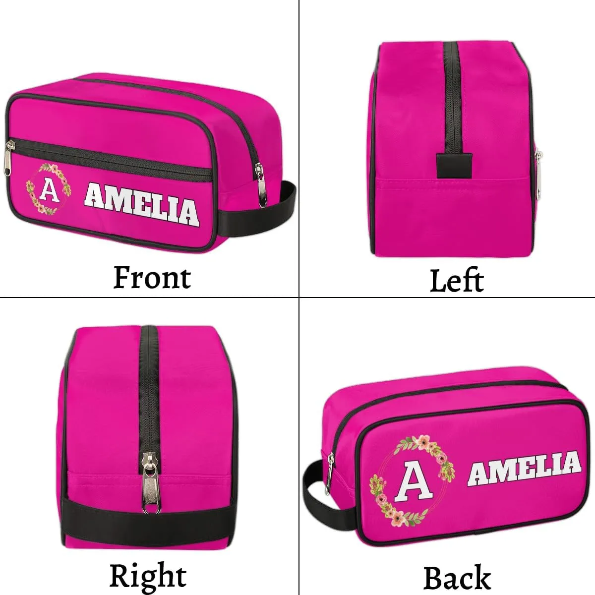 Personalized Floral Monogrammed Toiletry Bags for Women Custom Initial Letter Waterproof Cosmetic Makeup Bags Storage Bags with Handle for Bathroom Travel Work, Bright Pink
