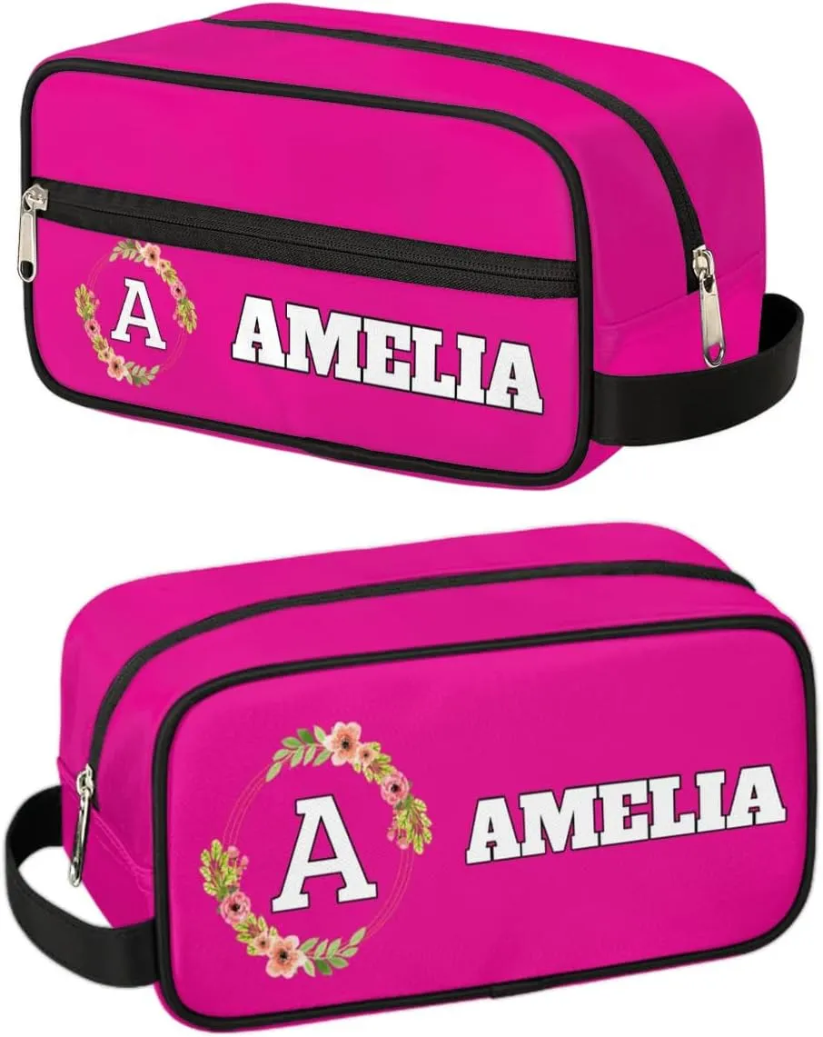 Personalized Floral Monogrammed Toiletry Bags for Women Custom Initial Letter Waterproof Cosmetic Makeup Bags Storage Bags with Handle for Bathroom Travel Work, Bright Pink