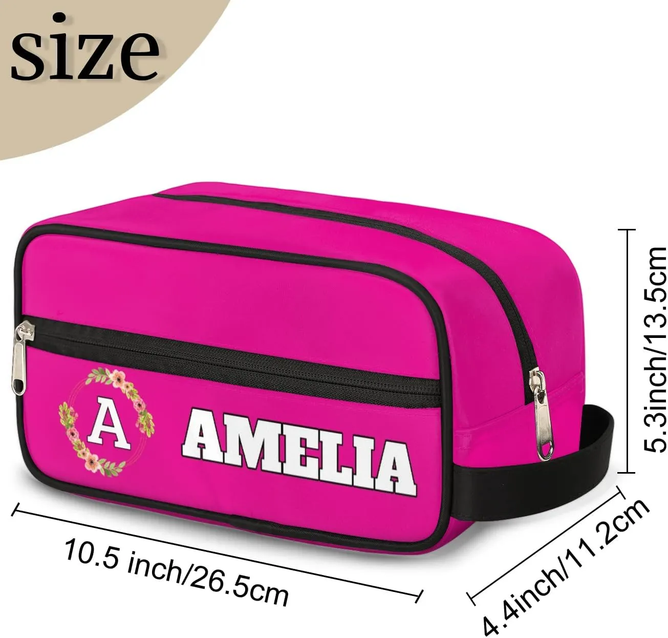 Personalized Floral Monogrammed Toiletry Bags for Women Custom Initial Letter Waterproof Cosmetic Makeup Bags Storage Bags with Handle for Bathroom Travel Work, Bright Pink