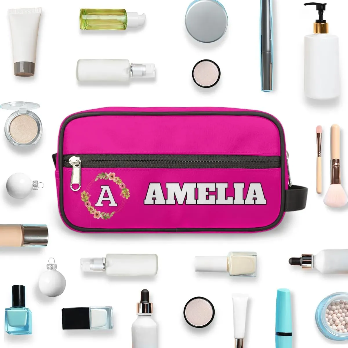 Personalized Floral Monogrammed Toiletry Bags for Women Custom Initial Letter Waterproof Cosmetic Makeup Bags Storage Bags with Handle for Bathroom Travel Work, Bright Pink