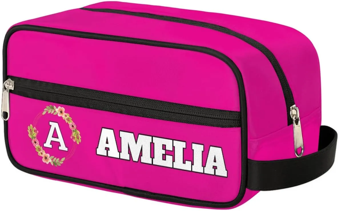Personalized Floral Monogrammed Toiletry Bags for Women Custom Initial Letter Waterproof Cosmetic Makeup Bags Storage Bags with Handle for Bathroom Travel Work, Bright Pink