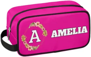 Personalized Floral Monogrammed Toiletry Bags for Women Custom Initial Letter Waterproof Cosmetic Makeup Bags Storage Bags with Handle for Bathroom Travel Work, Bright Pink