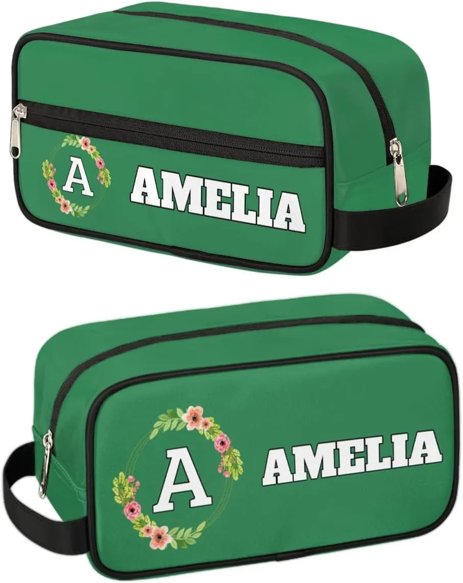 Personalized Floral Monogrammed Toiletry Bags for Women Custom Initial Letter Waterproof Cosmetic Makeup Bags Storage Bags with Handle for Bathroom Travel Work, Green