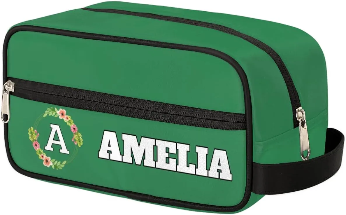 Personalized Floral Monogrammed Toiletry Bags for Women Custom Initial Letter Waterproof Cosmetic Makeup Bags Storage Bags with Handle for Bathroom Travel Work, Green