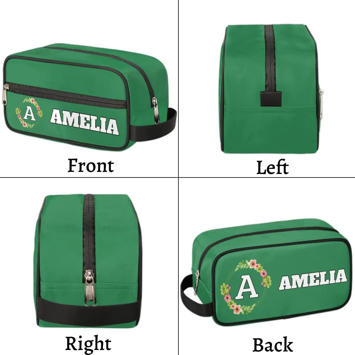 Personalized Floral Monogrammed Toiletry Bags for Women Custom Initial Letter Waterproof Cosmetic Makeup Bags Storage Bags with Handle for Bathroom Travel Work, Green