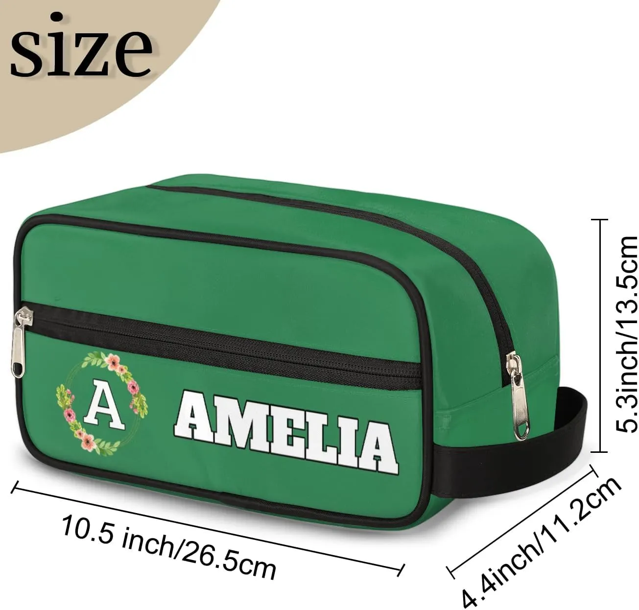 Personalized Floral Monogrammed Toiletry Bags for Women Custom Initial Letter Waterproof Cosmetic Makeup Bags Storage Bags with Handle for Bathroom Travel Work, Green