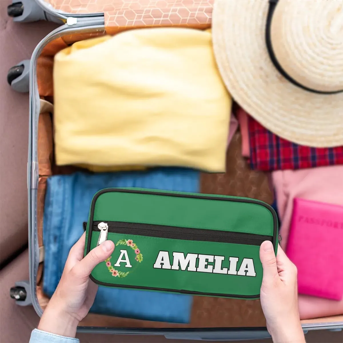 Personalized Floral Monogrammed Toiletry Bags for Women Custom Initial Letter Waterproof Cosmetic Makeup Bags Storage Bags with Handle for Bathroom Travel Work, Green