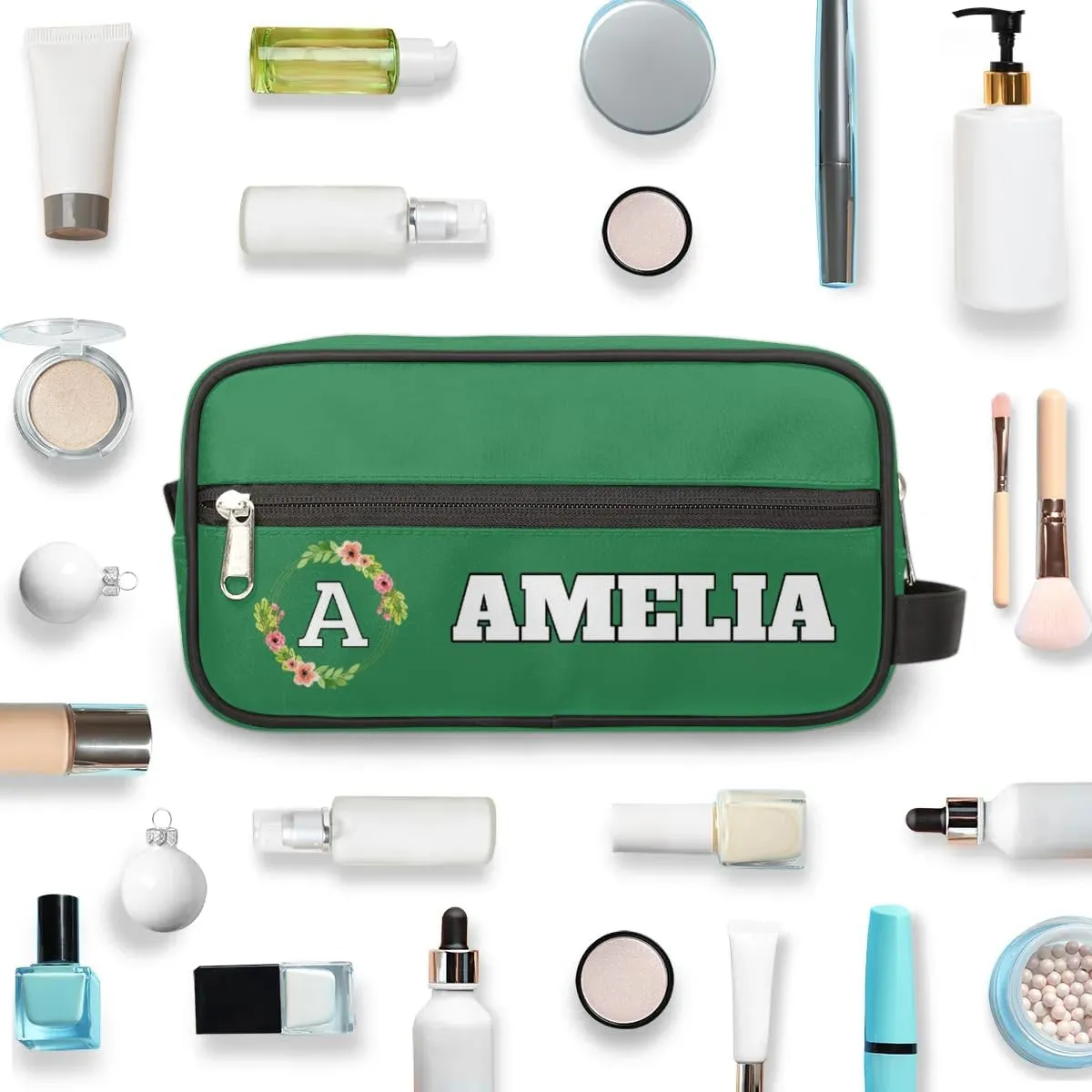 Personalized Floral Monogrammed Toiletry Bags for Women Custom Initial Letter Waterproof Cosmetic Makeup Bags Storage Bags with Handle for Bathroom Travel Work, Green