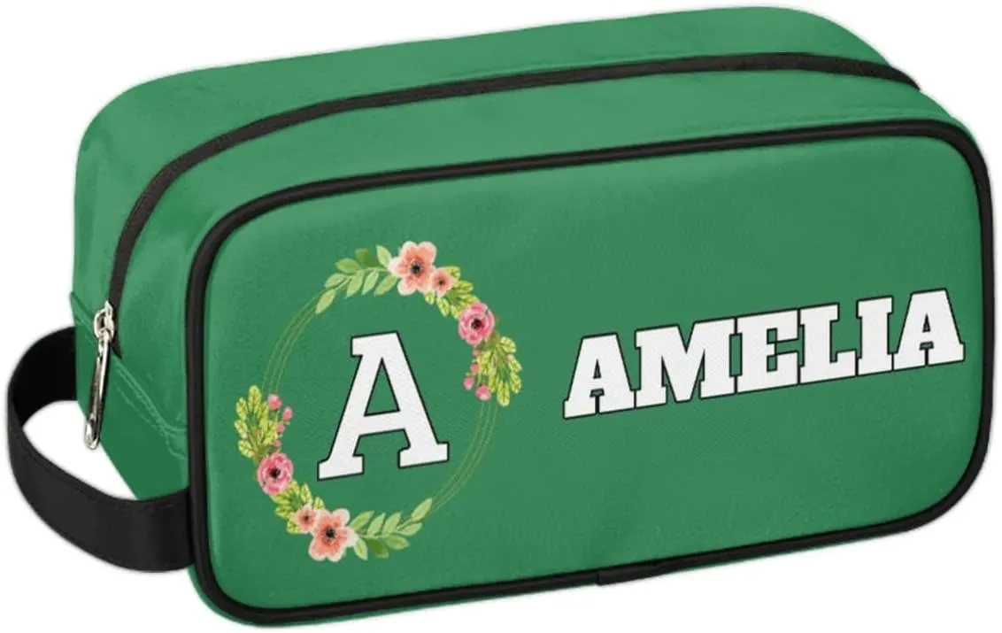 Personalized Floral Monogrammed Toiletry Bags for Women Custom Initial Letter Waterproof Cosmetic Makeup Bags Storage Bags with Handle for Bathroom Travel Work, Green
