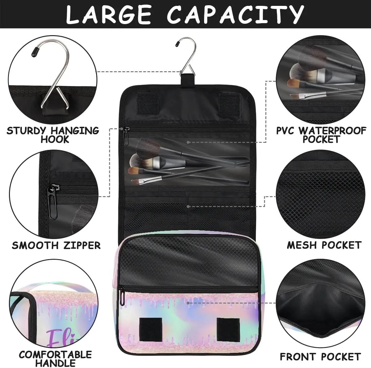 Personalized Gift Travel Makeup Bag Hanging Cosmetic Bag Make Up Bag Organizer Toiletry Bag for Women Girls Christmas Birthday Gift Colorful Glitter
