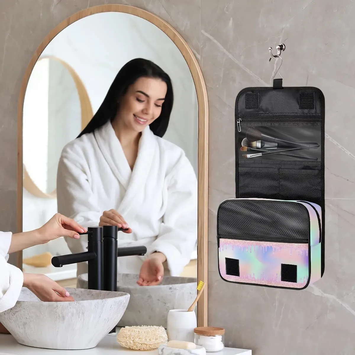 Personalized Gift Travel Makeup Bag Hanging Cosmetic Bag Make Up Bag Organizer Toiletry Bag for Women Girls Christmas Birthday Gift Colorful Glitter