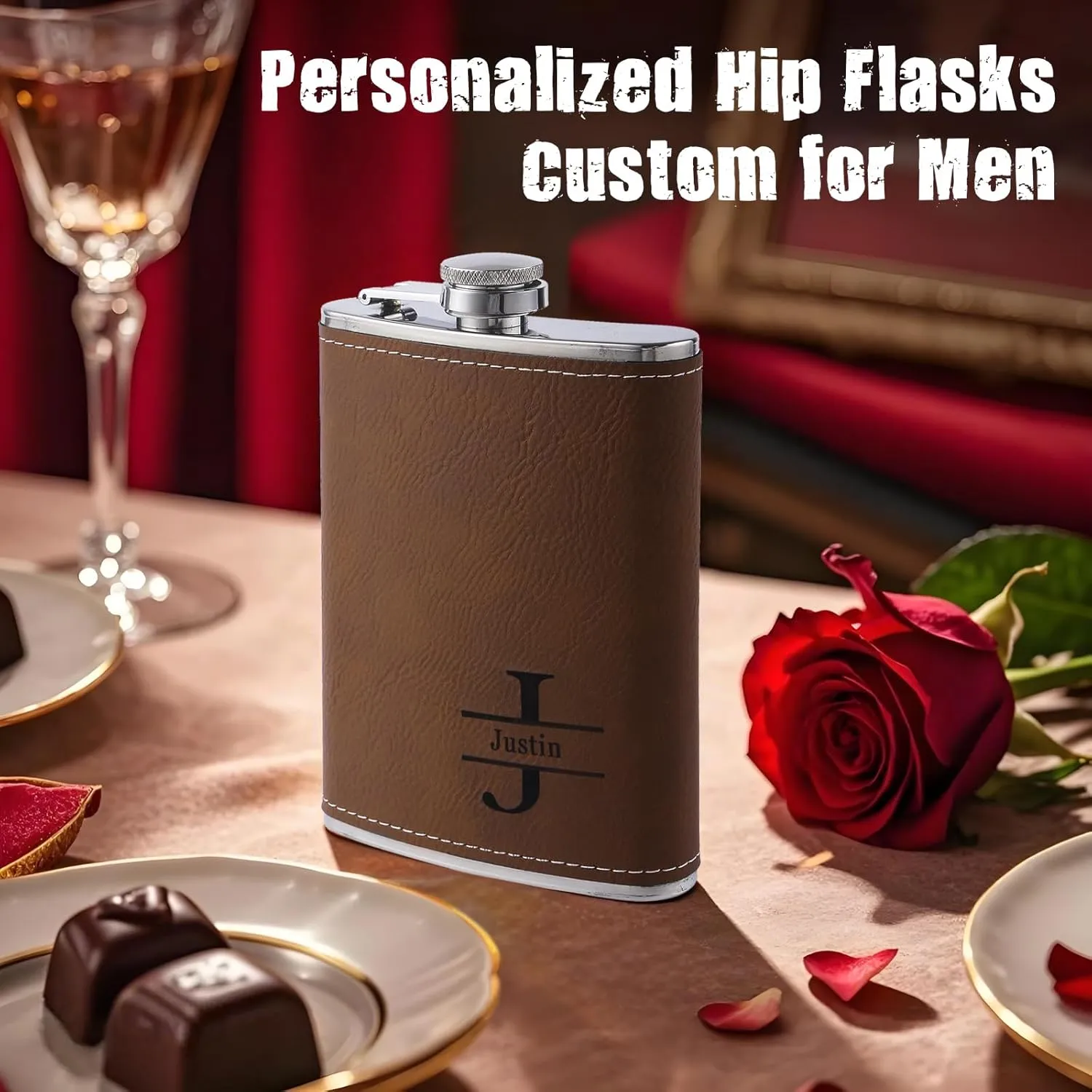 Personalized Hip Flasks Custom for Men: Engraved with Name & Letters Leather 8oz Hip Flasks - Gifts for Wedding Bachelor Party Christmas Birthday - for Him Father Husband Boyfriend