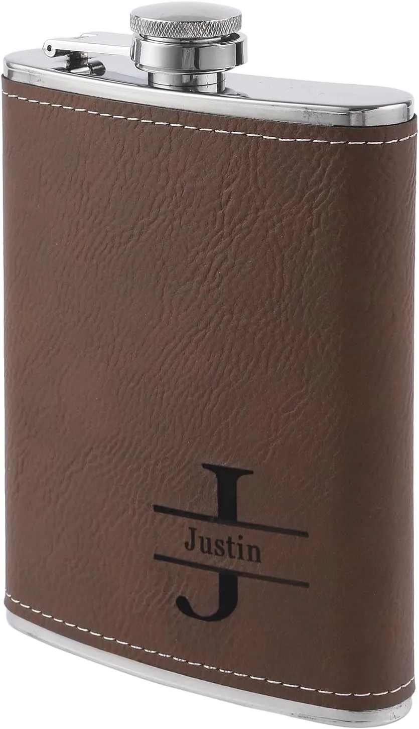 Personalized Hip Flasks Custom for Men: Engraved with Name & Letters Leather 8oz Hip Flasks - Gifts for Wedding Bachelor Party Christmas Birthday - for Him Father Husband Boyfriend