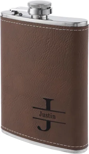 Personalized Hip Flasks Custom for Men: Engraved with Name & Letters Leather 8oz Hip Flasks - Gifts for Wedding Bachelor Party Christmas Birthday - for Him Father Husband Boyfriend